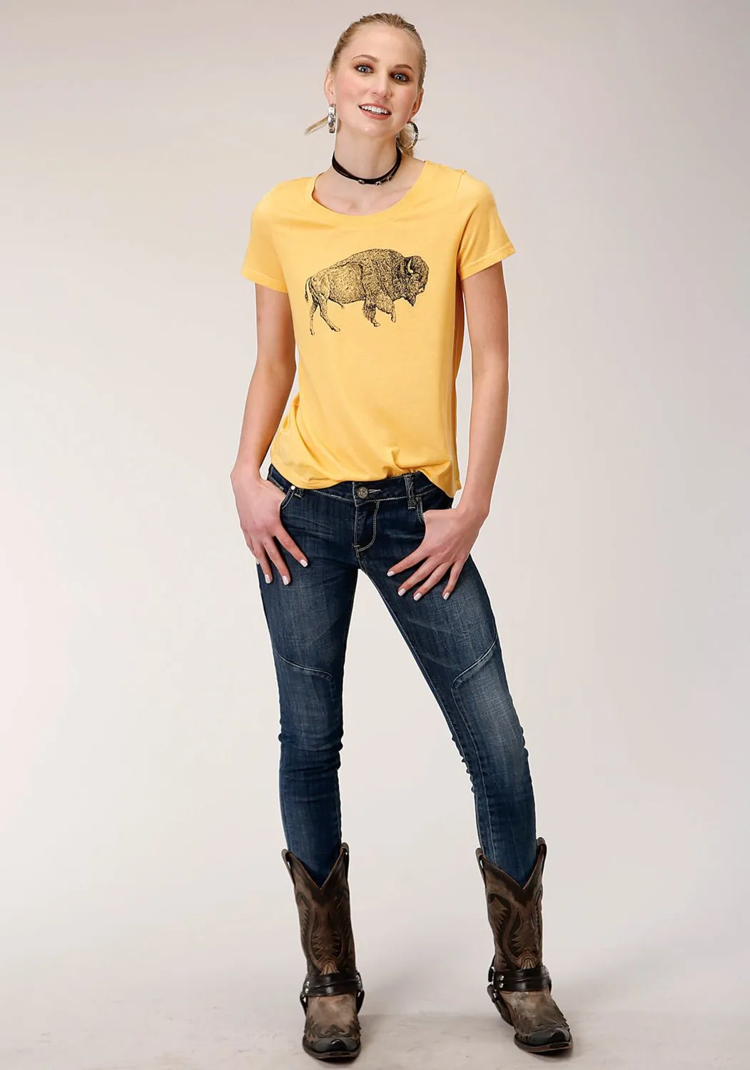 Eco-Friendly Fabric Roper Womens Yellow Poly/Rayon Buffalo S/S T-Shirt