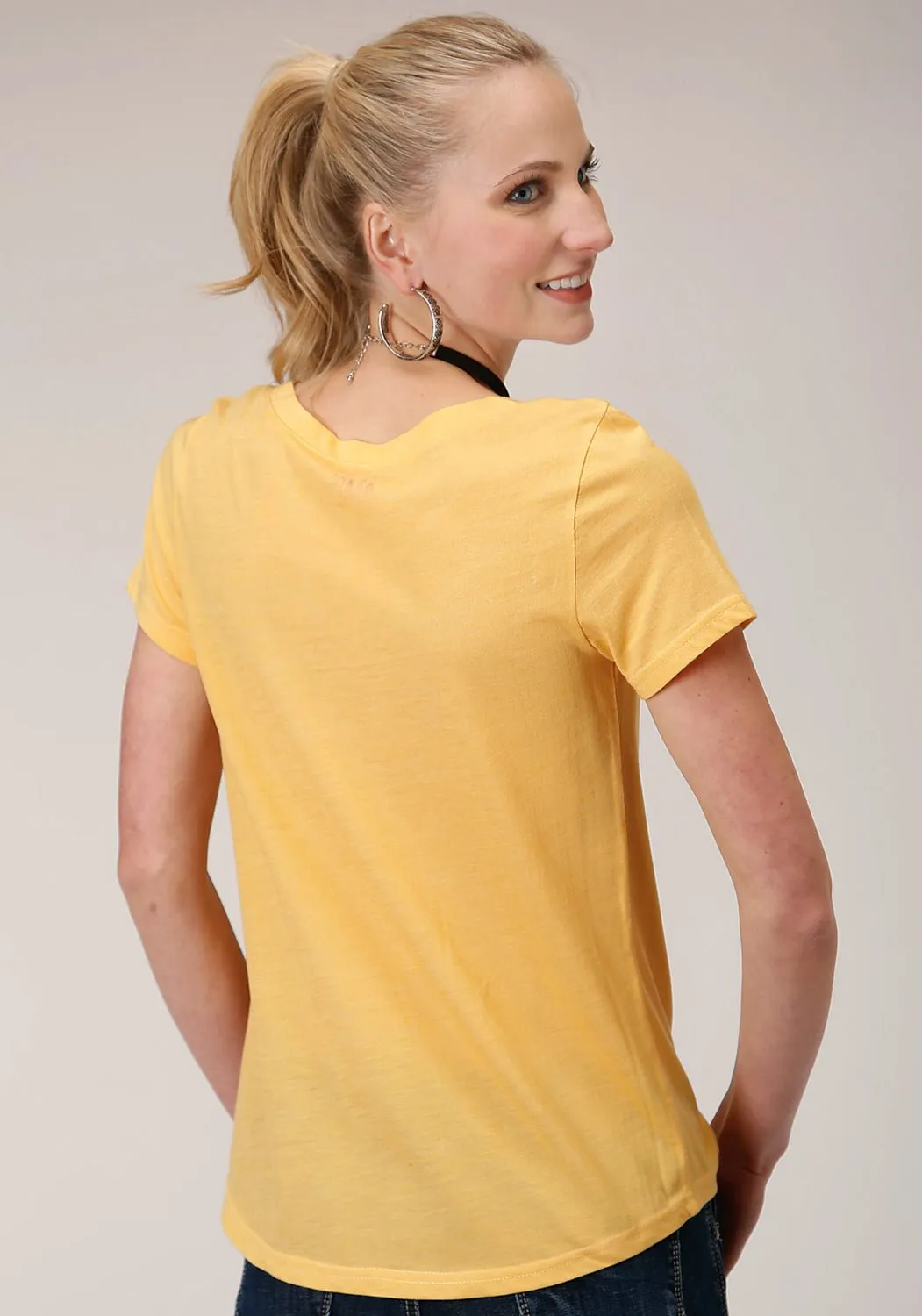 Odor Resistant Youthful Appeal Roper Womens Yellow Poly/Rayon Buffalo S/S T-Shirt