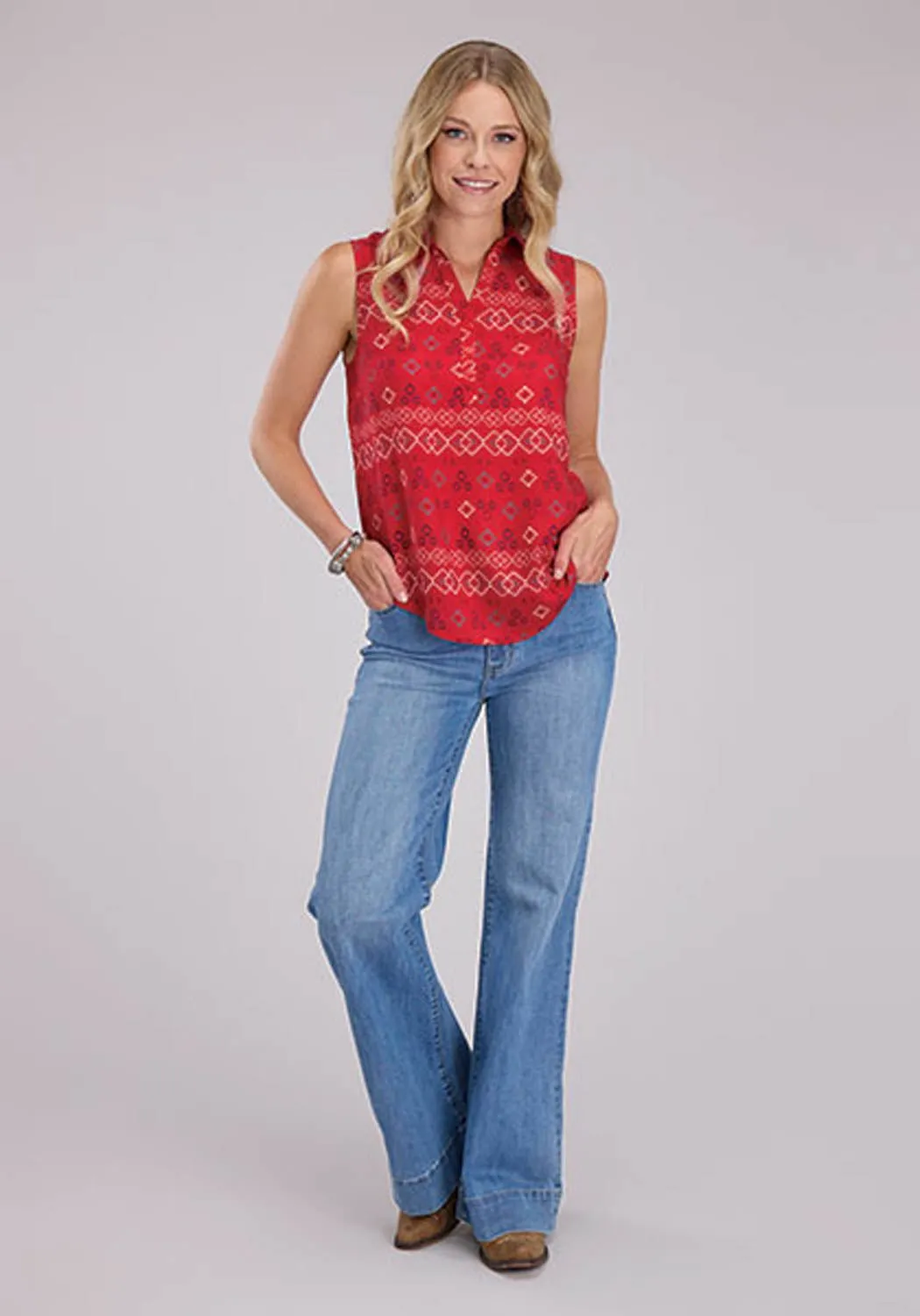 Roper Womens RWB Aztec Red 100% Rayon S/L Blouse Fashion Layer