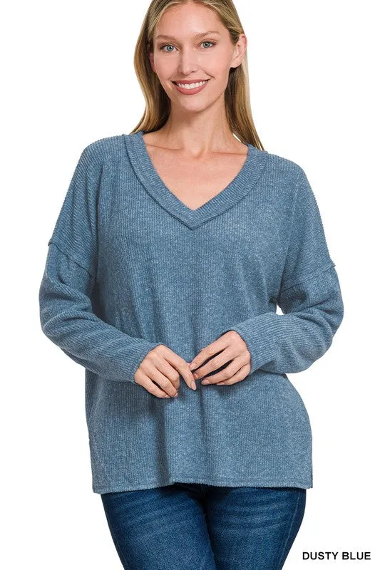 Stretchable Fabric Wrinkle Resistant Material Mackenna Ribbed V-neck Drop Shoulder Top S-XL