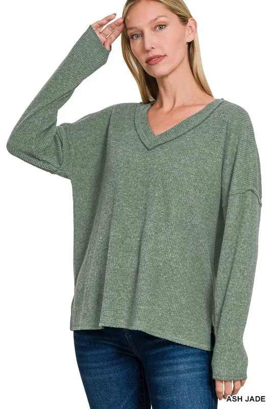 Quick Comfort Wear Lightweight Weave Mackenna Ribbed V-neck Drop Shoulder Top S-XL