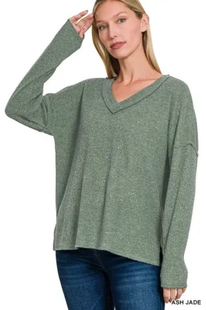 Relaxed Layer Wear Mackenna Ribbed V-neck Drop Shoulder Top S-XL Quick Comfort Wear Lightweight Weave Mackenna Ribbed V-neck Drop Shoulder Top S-XL