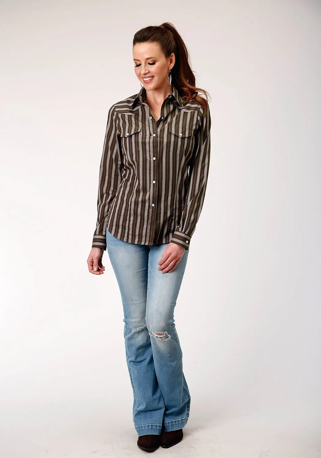 Roper Womens Chocolate Stripe Brown Cotton Blend L/S Shirt Contemporary Style Temperature Regulating