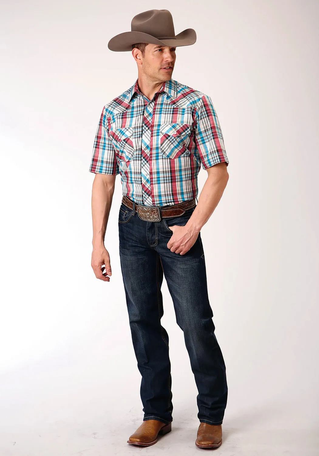 Tuckable Hem Roper Mens Turquoise/Red Cotton Blend 55/45 Plaid S/S Shirt