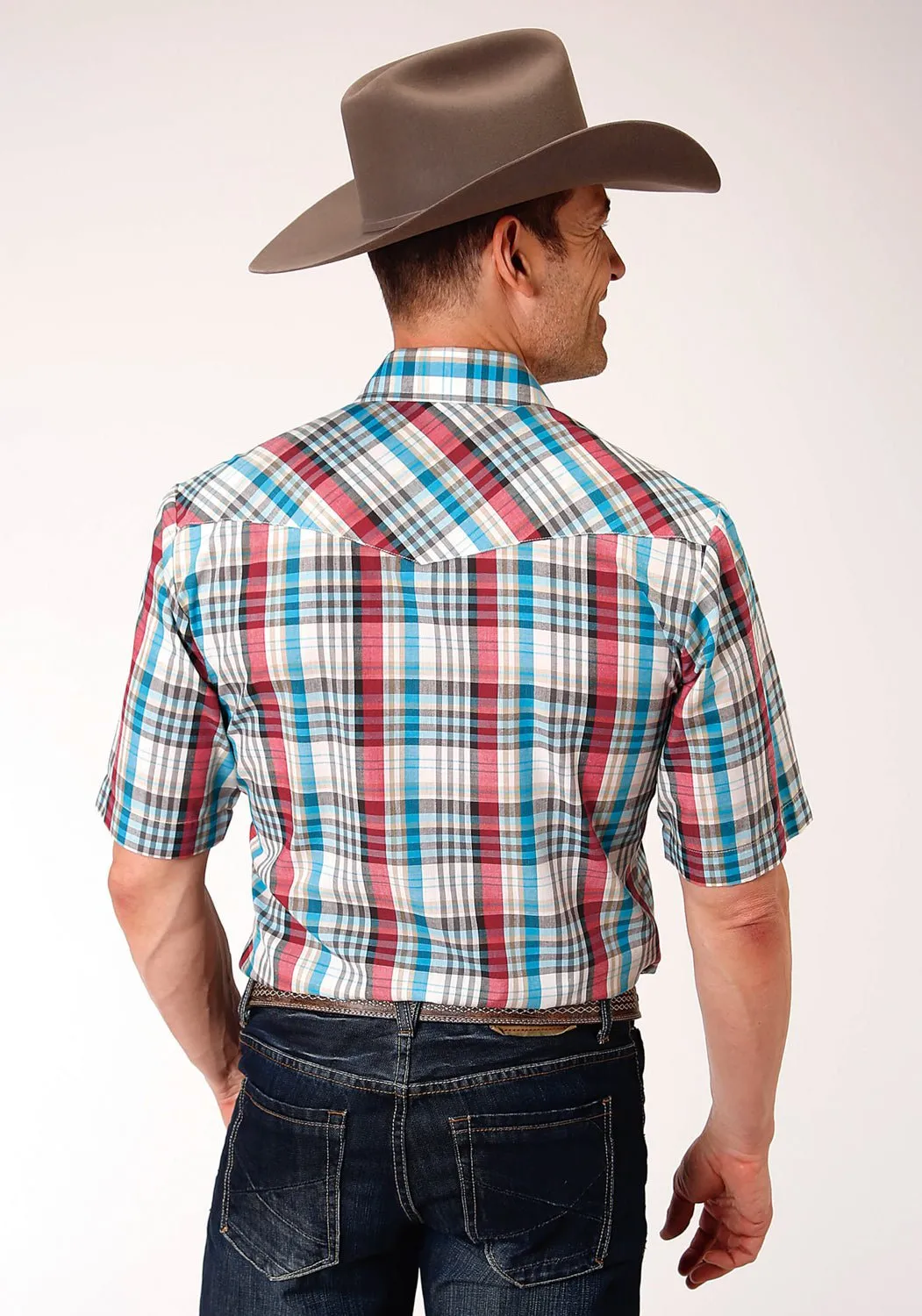 Roper Mens Turquoise/Red Cotton Blend 55/45 Plaid S/S Shirt Year-Round Favorite