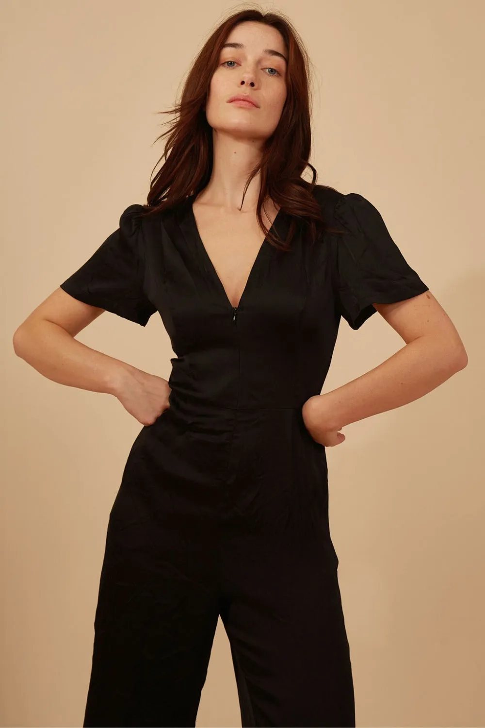 Corrie Jumpsuit in Black Draped Silhouette OdorControlTreatment