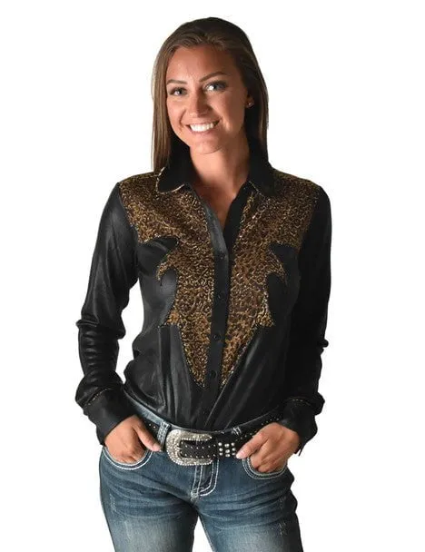Fashionable Layer Cowgirl Tuff Womens Western Metallic Black/Leopard Polyester L/S Shirt