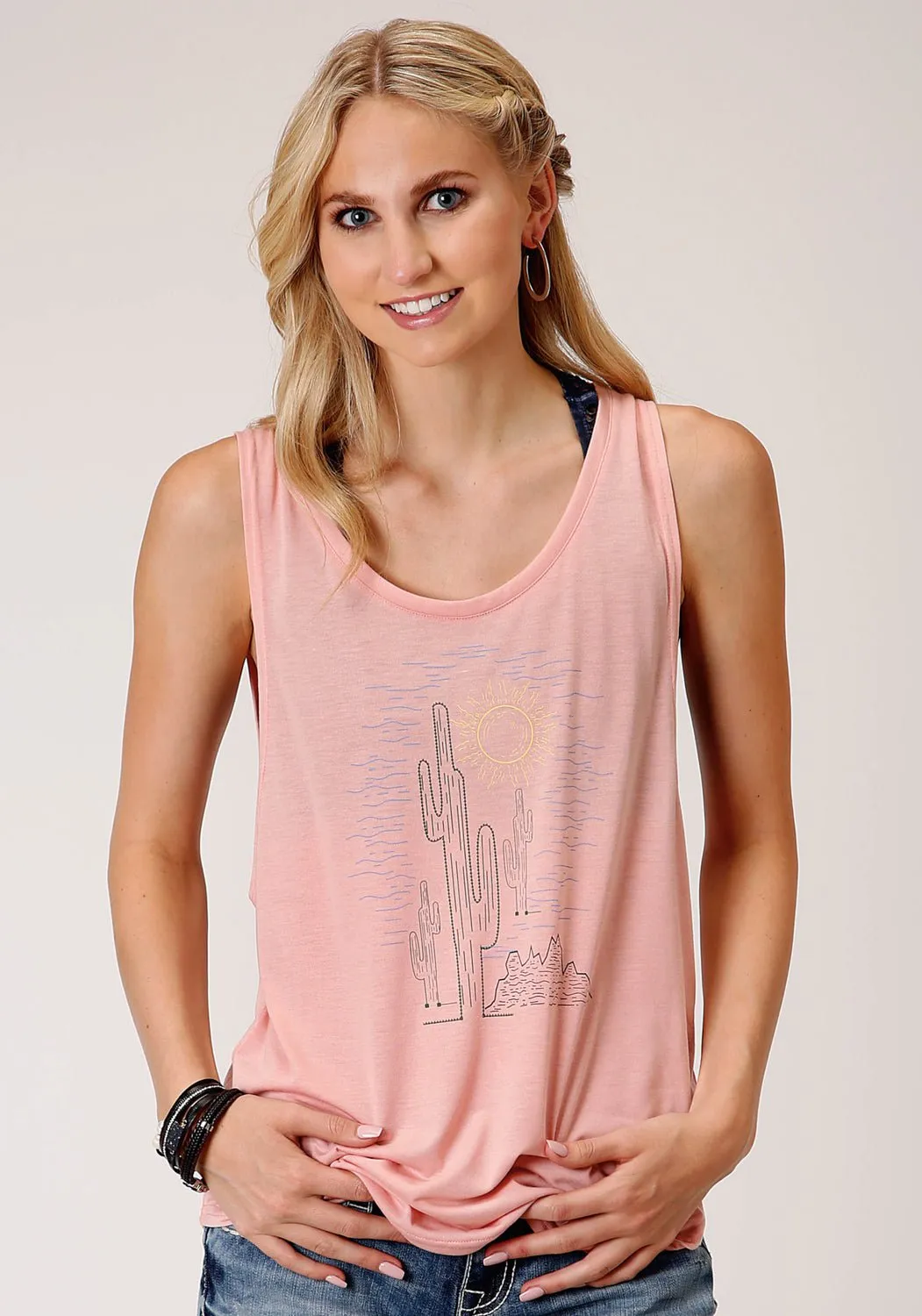 Roper Womens Pink Poly/Rayon Cactus Tank Top Non Restrictive Fit Lightweight Weave