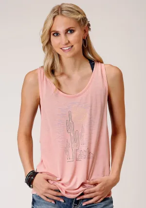 Relaxed Vibe Roper Womens Pink Poly/Rayon Cactus Tank Top Classic Fit Roper Womens Pink Poly/Rayon Cactus Tank Top