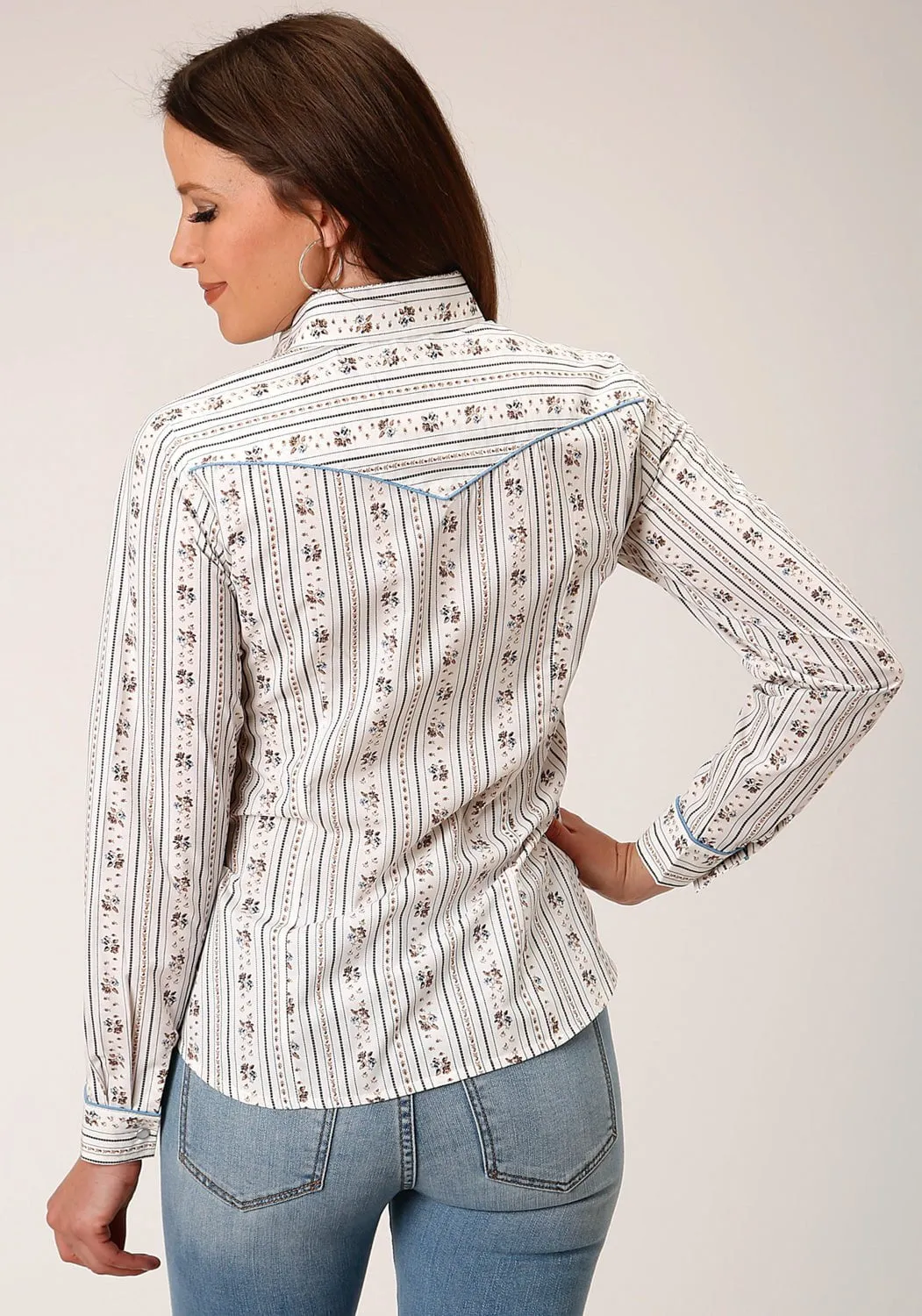 Roper Womens Wallpaper Stripe White Cotton Blend L/S Shirt Effortless Comfort Festival Outfit