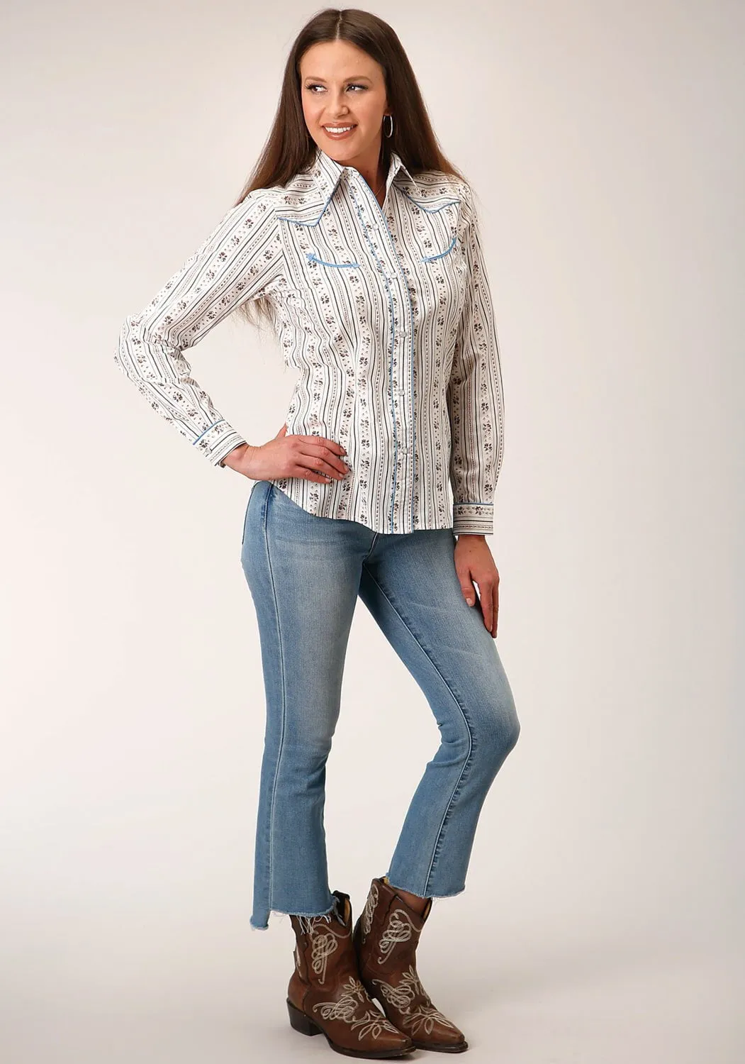 Roper Womens Wallpaper Stripe White Cotton Blend L/S Shirt Geometric Shape