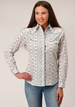 Relaxed Vibe Roper Womens Wallpaper Stripe White Cotton Blend L/S Shirt Roper Womens Wallpaper Stripe White Cotton Blend L/S Shirt Embellished Neckline Laser Cut Edge Detail