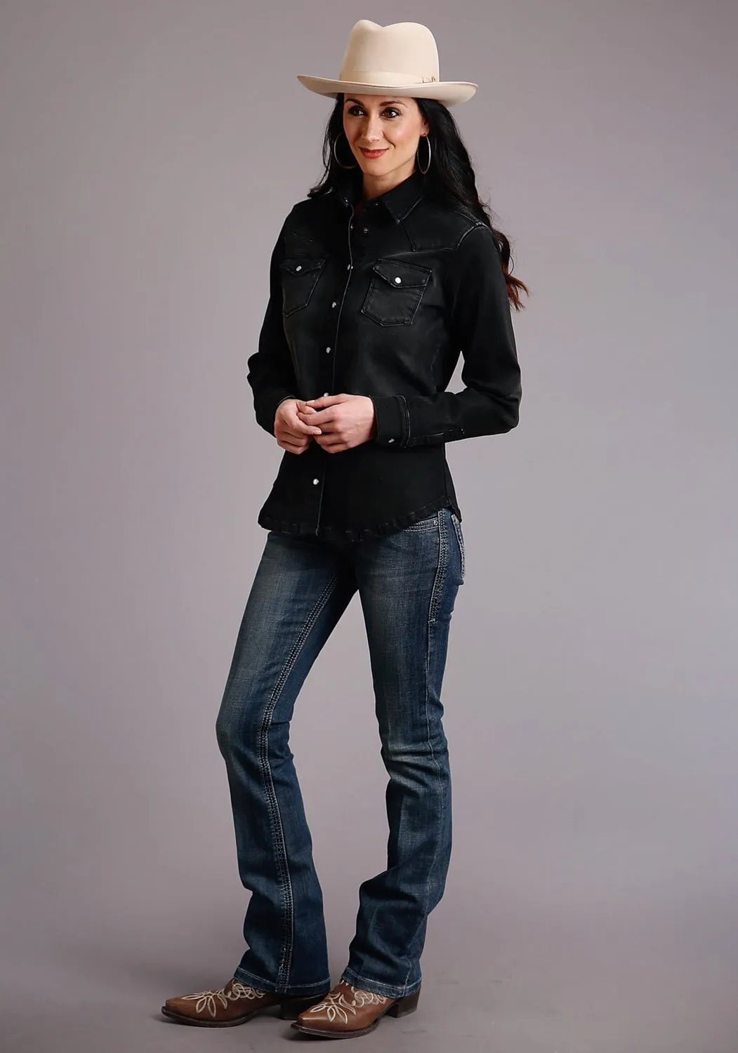 Fit For Every Day Minimalist Style Festival Outfit Loose Stetson Womens Black Cotton Blend Boyfriend Fit L/S Cactus Shirt
