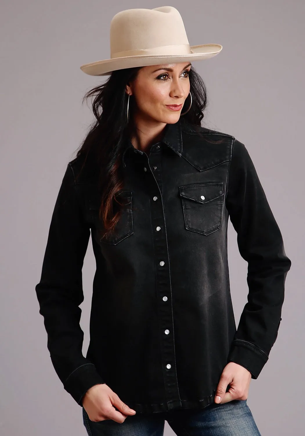 Modern Weekend Style Core Item Stetson Womens Black Cotton Blend Boyfriend Fit L/S Cactus Shirt