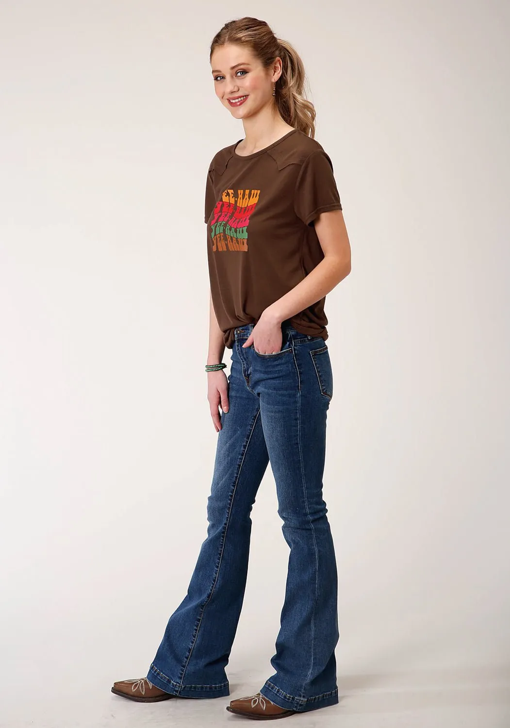 Holiday Style Night Out Roper Womens Brown Poly/Rayon YeeHaw S/S T-Shirt