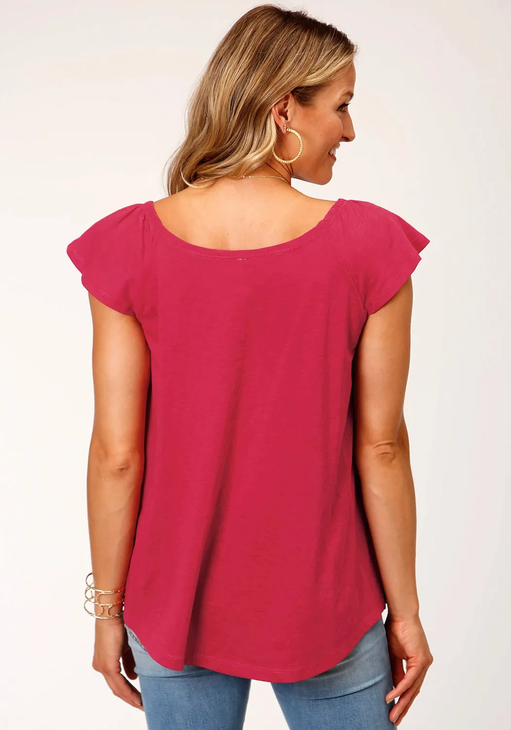 Soft Touch Fabric Roper Womens Floral Gathers Raspberry 100% Cotton S/S Tunic