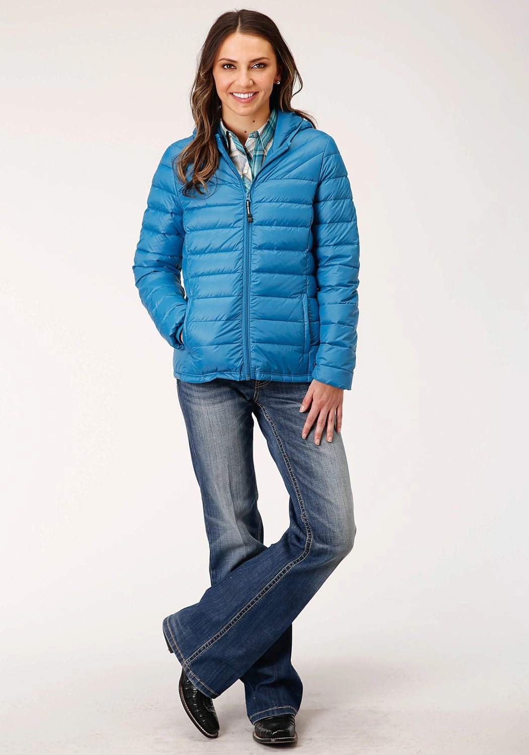Roper Womens Teal Blue Nylon Crushable Hooded Down Coat Casual Wear