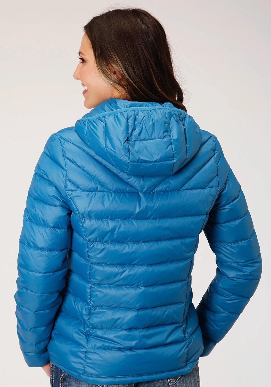 Base Attire Base Fit Piece Roper Womens Teal Blue Nylon Crushable Hooded Down Coat