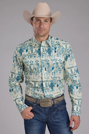 Relaxed Fit Roper Mens Tropical Resort Print Tan/Blue 100% Cotton L/S Shirt Roper Mens Tropical Resort Print Tan/Blue 100% Cotton L/S Shirt Soft Comfort Snug feel