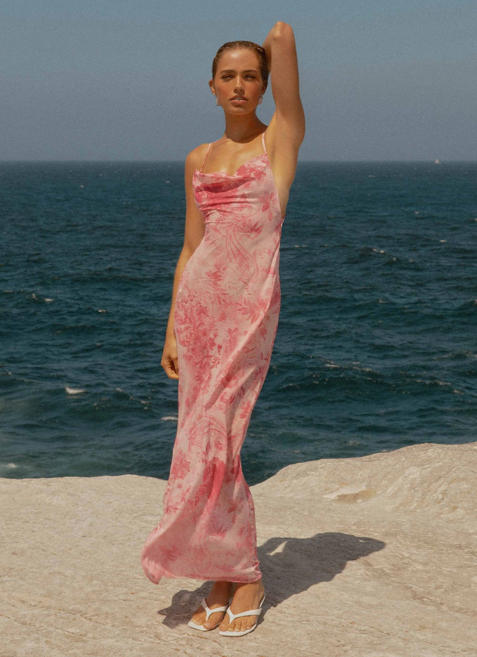 Tara Maxi Dress - Pink Print Sheer Panel Front Ruffle