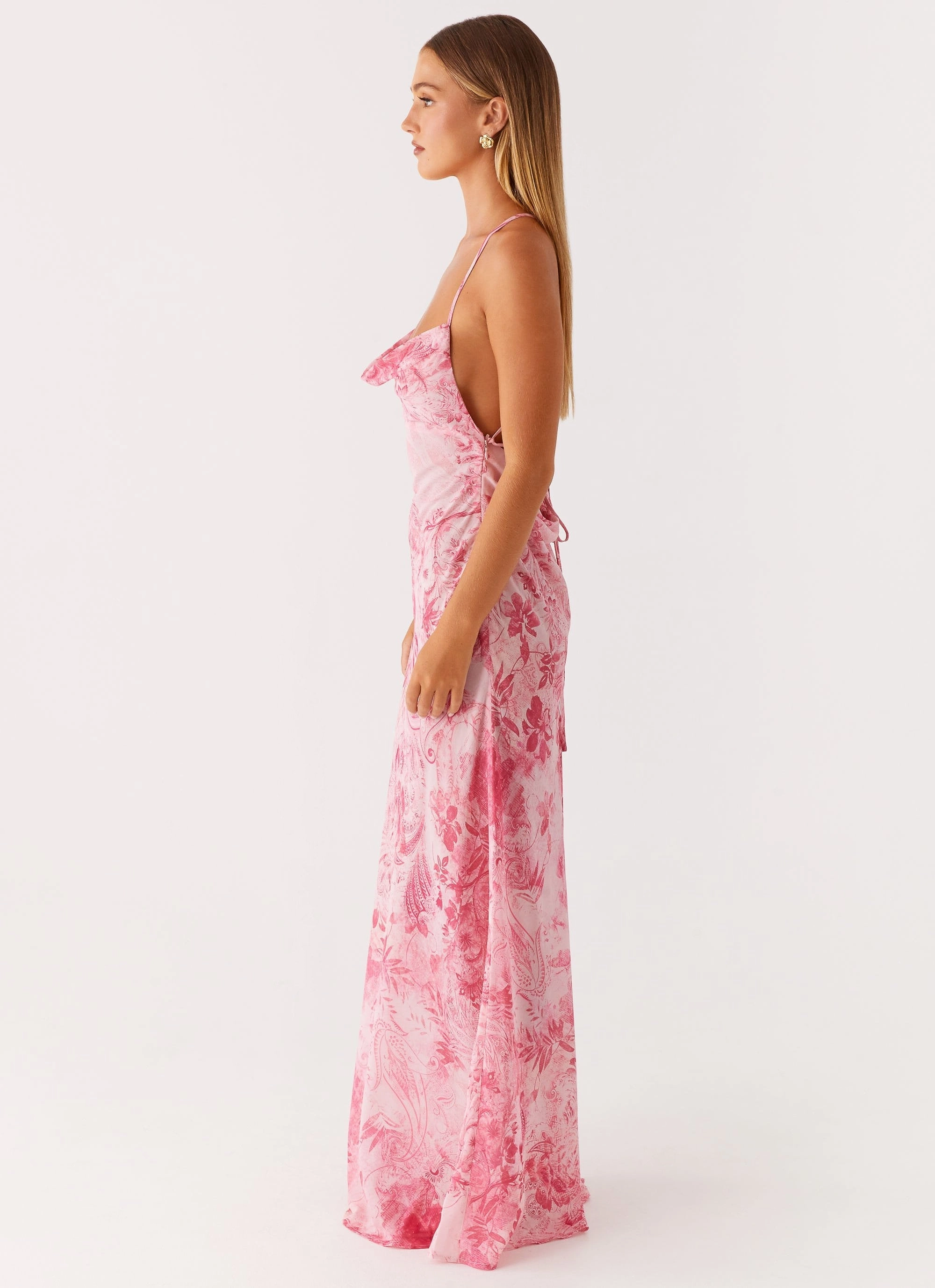 Tara Maxi Dress - Pink Print Velvet-Sleeve Refined Form