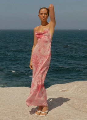 Relaxed Fit Tara Maxi Dress - Pink Print Tara Maxi Dress - Pink Print Sheer Panel Front Ruffle