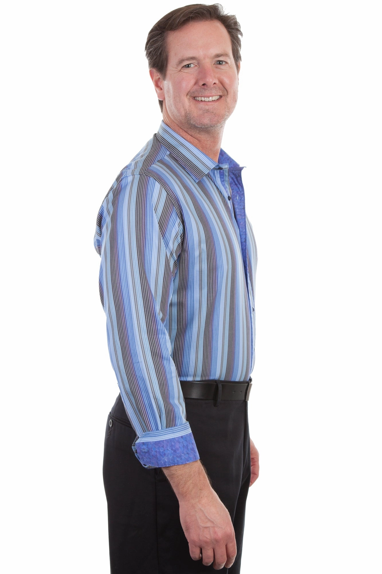Scully Mens Sky 100% Cotton Stripe L/S Shirt No Slip Shoulder Grips