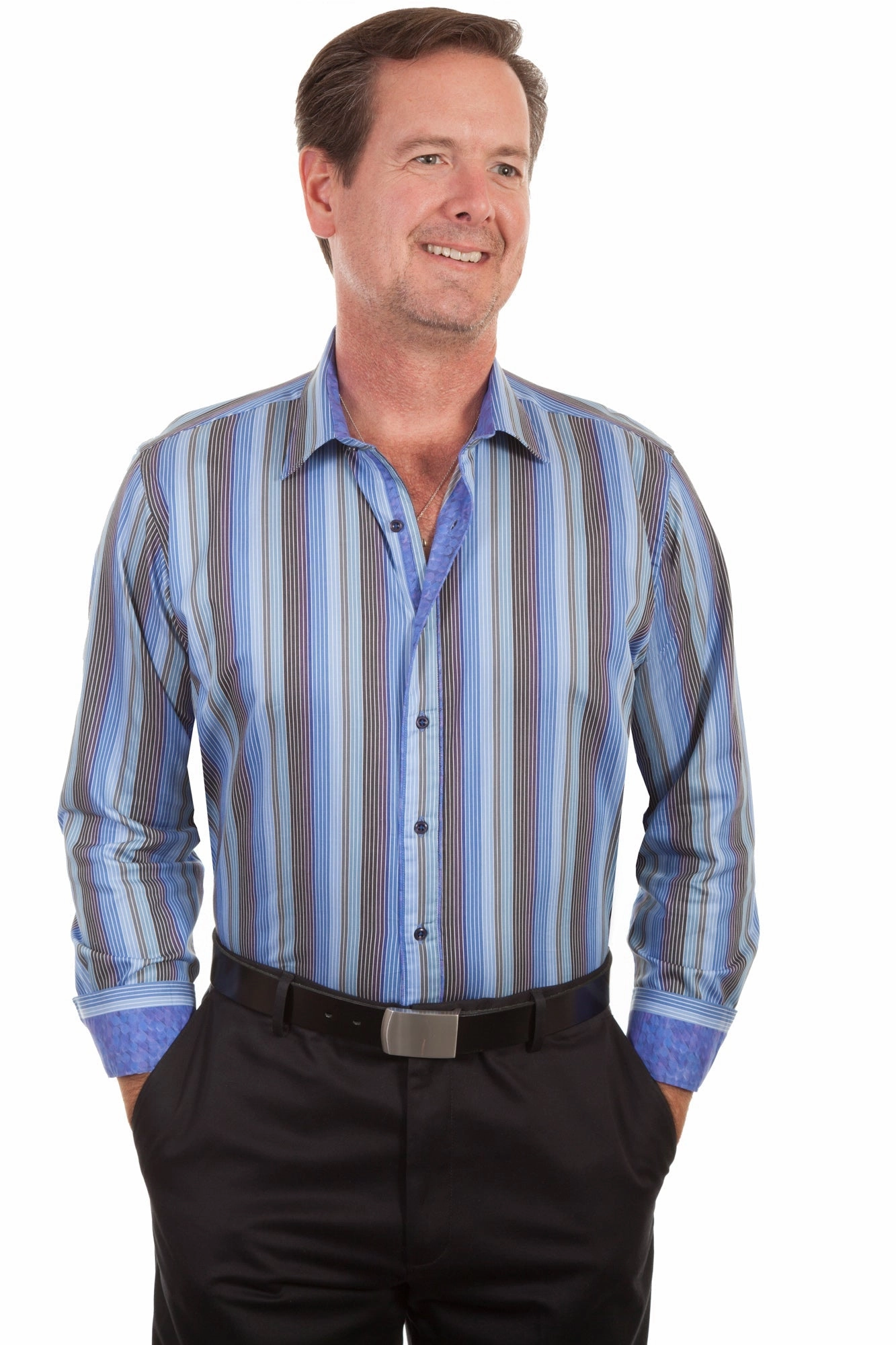 Essential Wardrobe Smooth Texture Scully Mens Sky 100% Cotton Stripe L/S Shirt