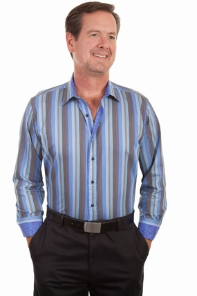 Relaxed Look Scully Mens Sky 100% Cotton Stripe L/S Shirt Essential Wardrobe Smooth Texture Scully Mens Sky 100% Cotton Stripe L/S Shirt