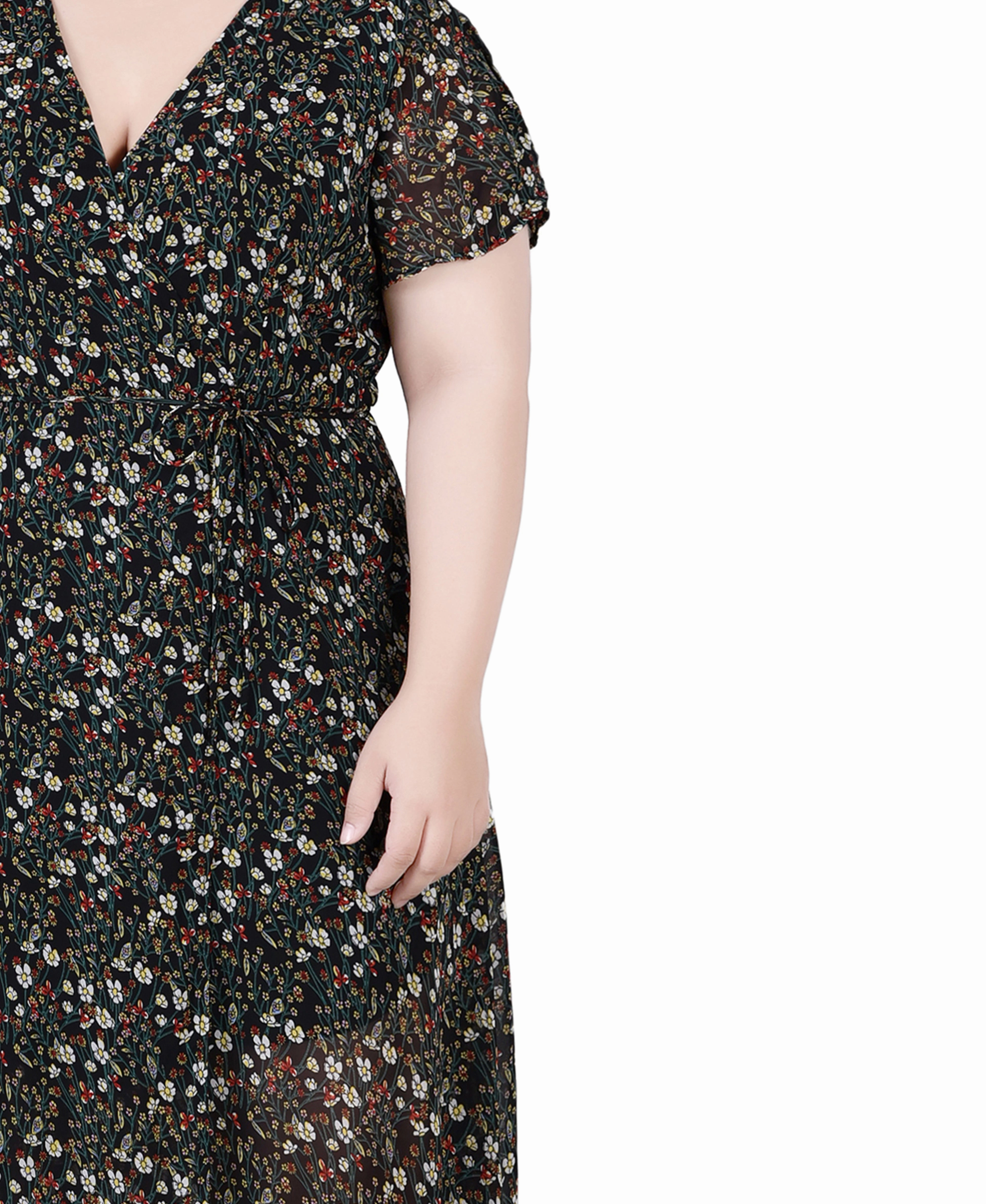 Soft Profile Plus Size Short Sleeve Tie Closure Wrap Chiffon Maxi Dress