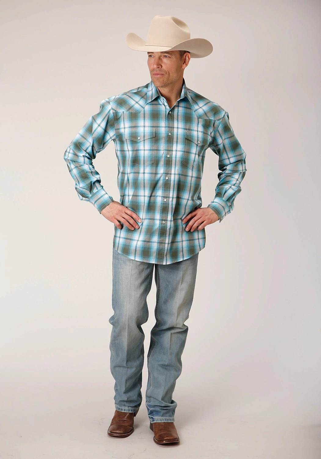 Roper Mens Meadow Plaid Green 100% Cotton L/S Shirt Trendy Fit Wardrobe Essential