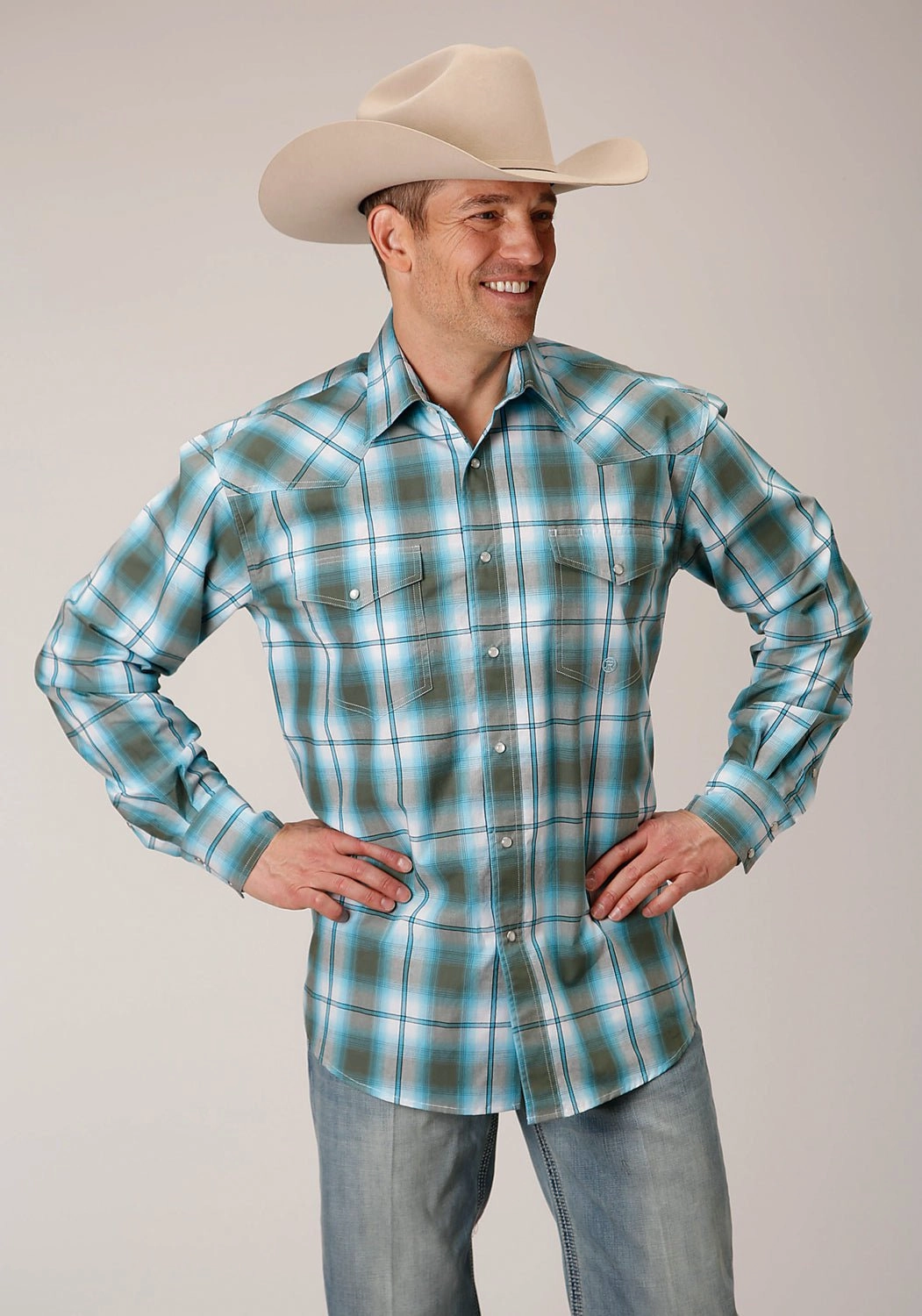 Bold Prints Roper Mens Meadow Plaid Green 100% Cotton L/S Shirt