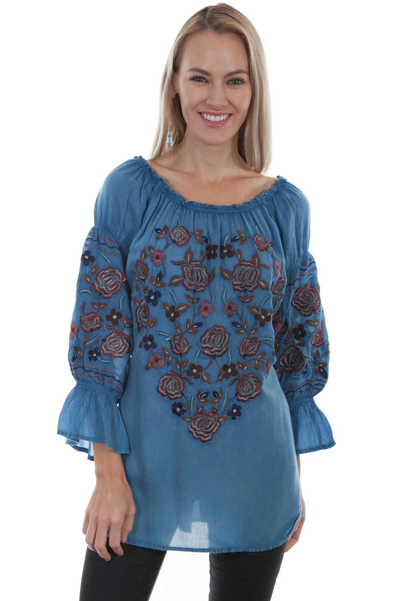 Scully Womens Avalanche Blue 100% Viscose Peasant L/S Blouse Outfit Vibe