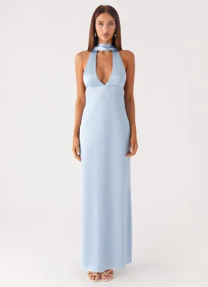 Retro Glam Alicia Satin Halter Maxi Dress - Baby Blue Calm Texture Alicia Satin Halter Maxi Dress - Baby Blue