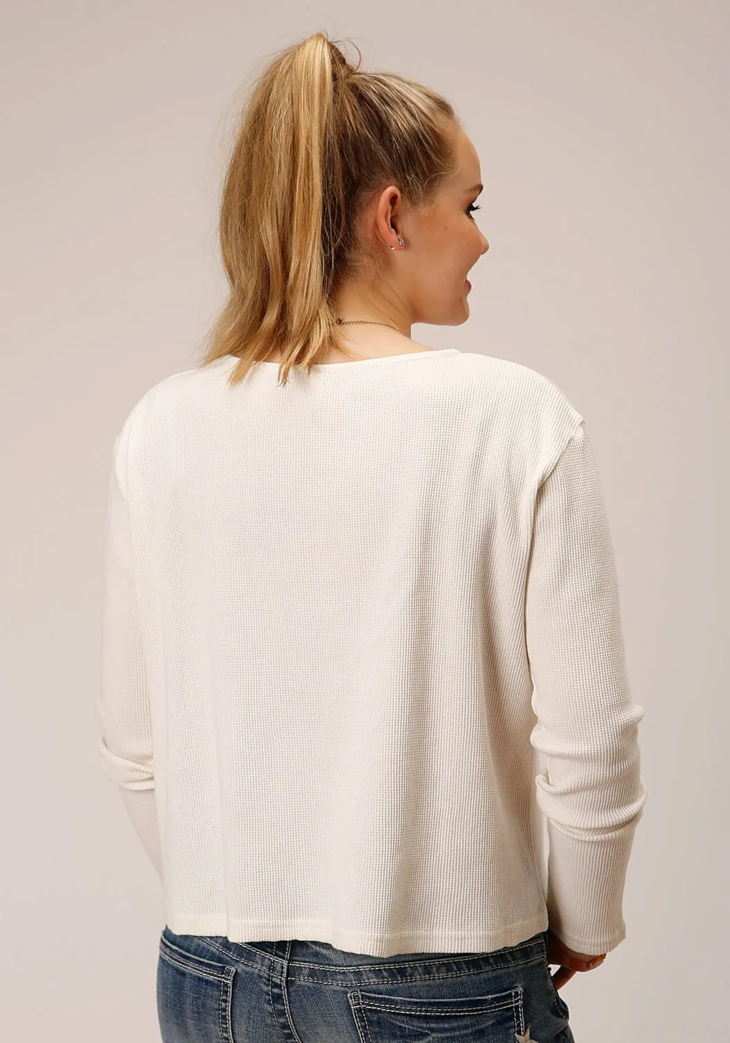 Roper Womens Floral Waffle Knit White Cotton Blend L/S T-Shirt Universal Fit Design