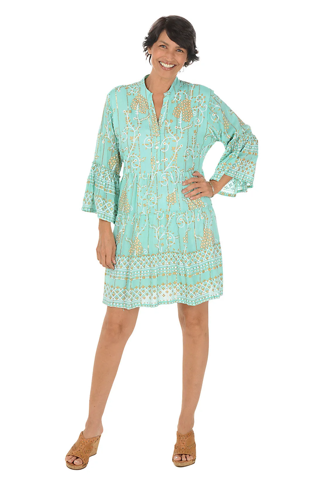 Belted-Style Kind Light Golden Scrolls Bell Sleeve Tiered Dress