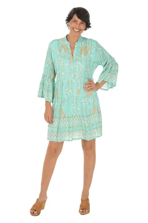 Retro Style Golden Scrolls Bell Sleeve Tiered Dress Belted-Style Kind Light Golden Scrolls Bell Sleeve Tiered Dress