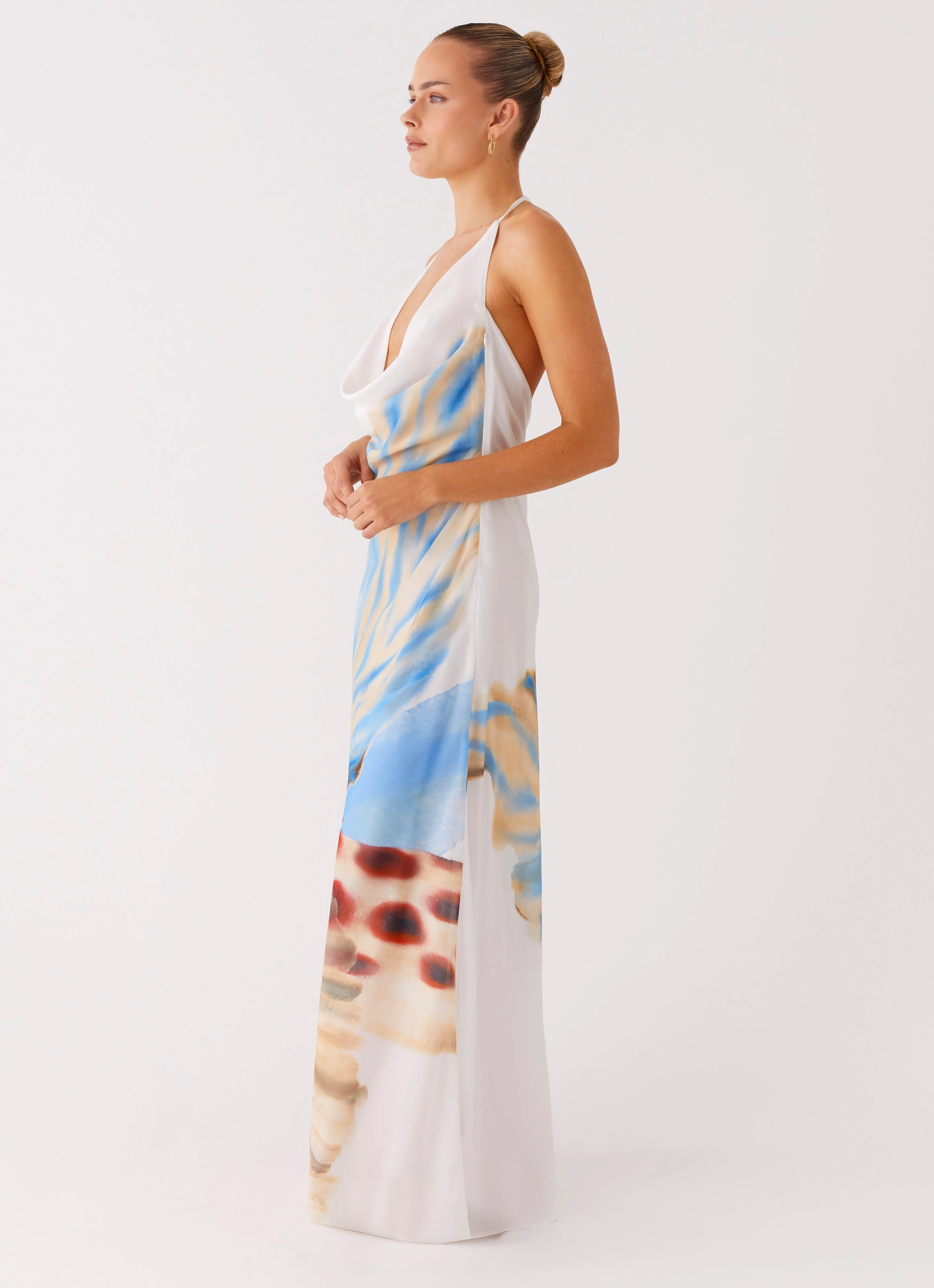 Bridal-Shower Stars Align Cowl Maxi Dress - White Sea Bloom
