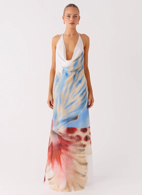 retro look Stars Align Cowl Maxi Dress - White Sea Bloom Stars Align Cowl Maxi Dress - White Sea Bloom Weekend Fresh Textured Surface