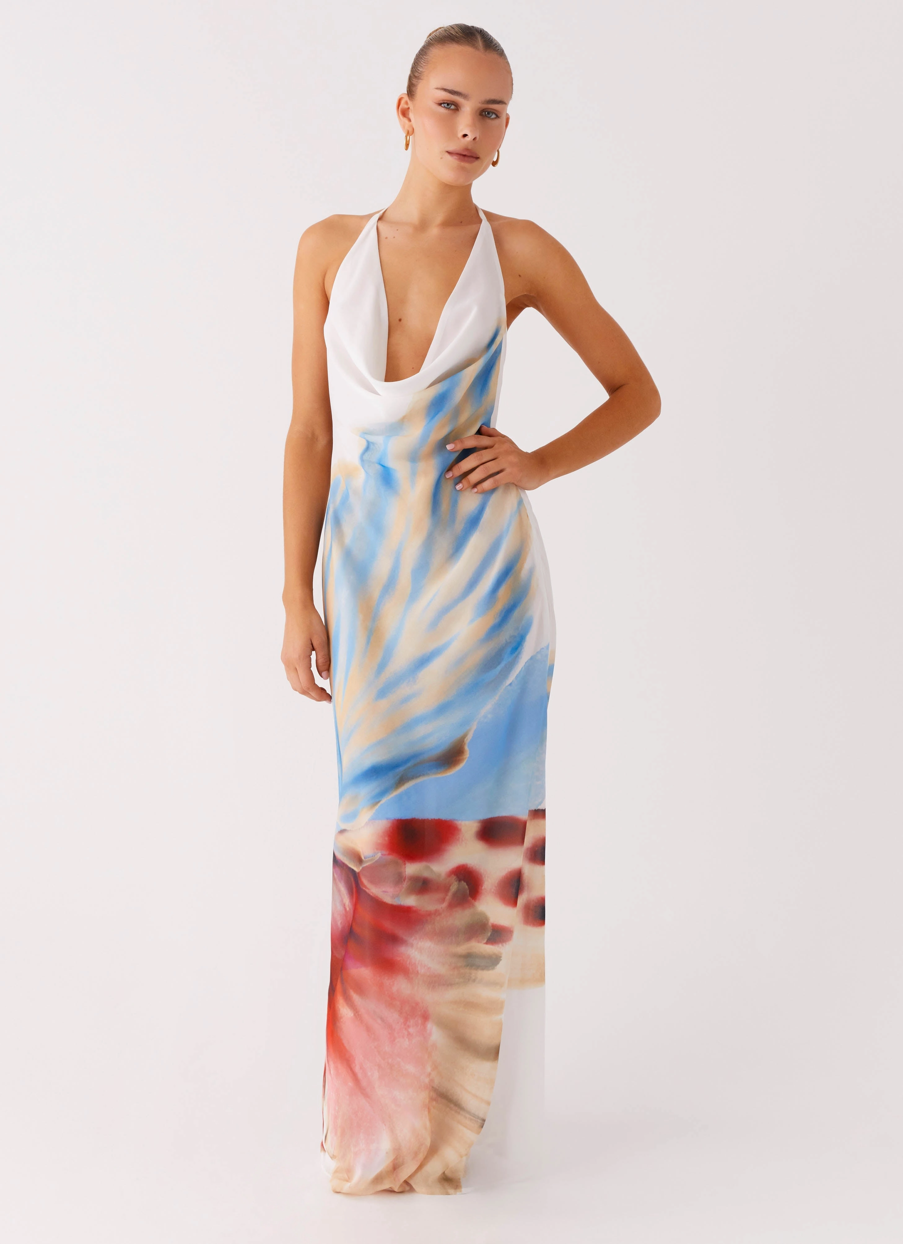 Soft Vibes Stars Align Cowl Maxi Dress - White Sea Bloom