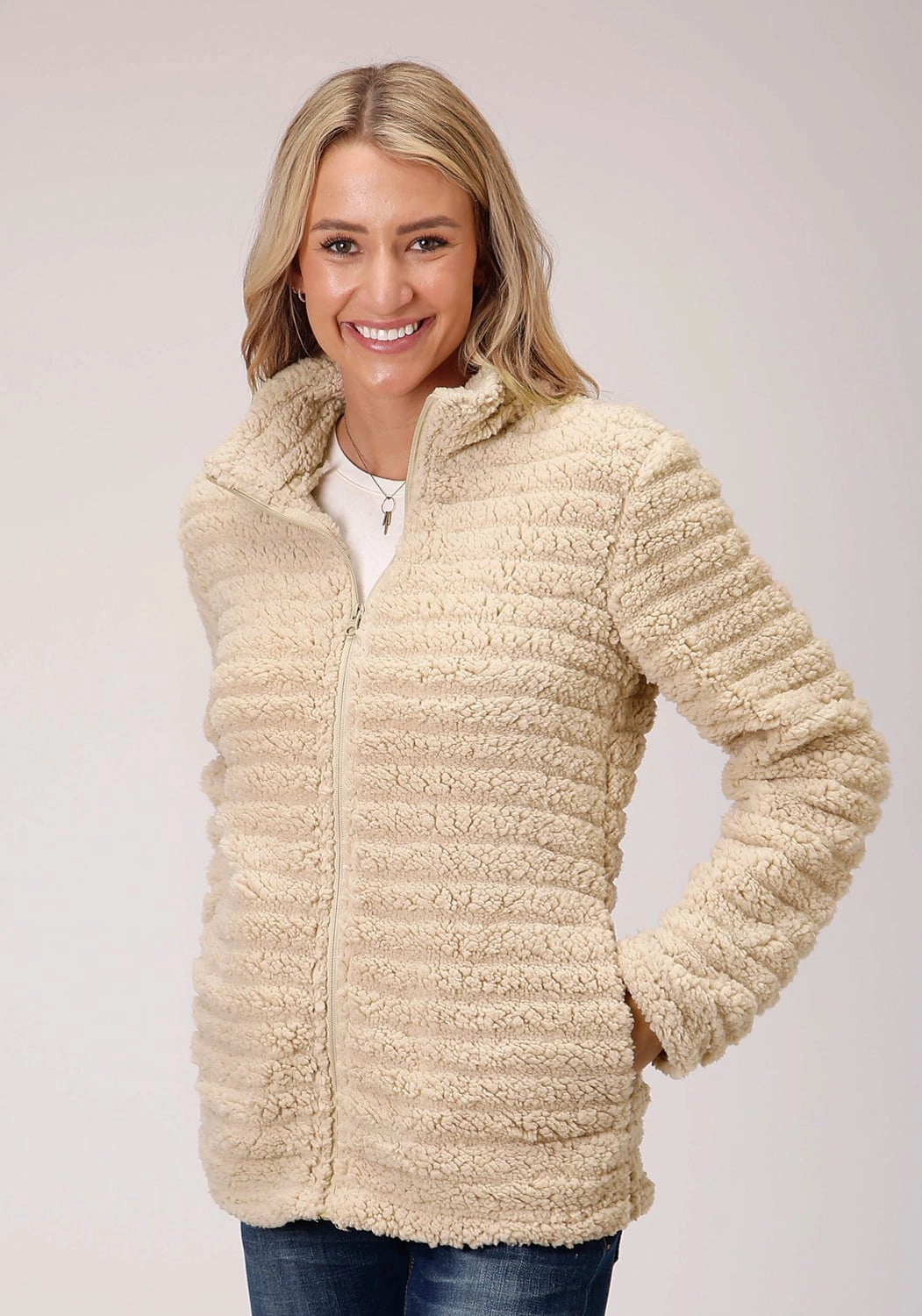 Roper Womens Cream Polyester Faux Mink Fleece Jacket All Season Fabric Weight