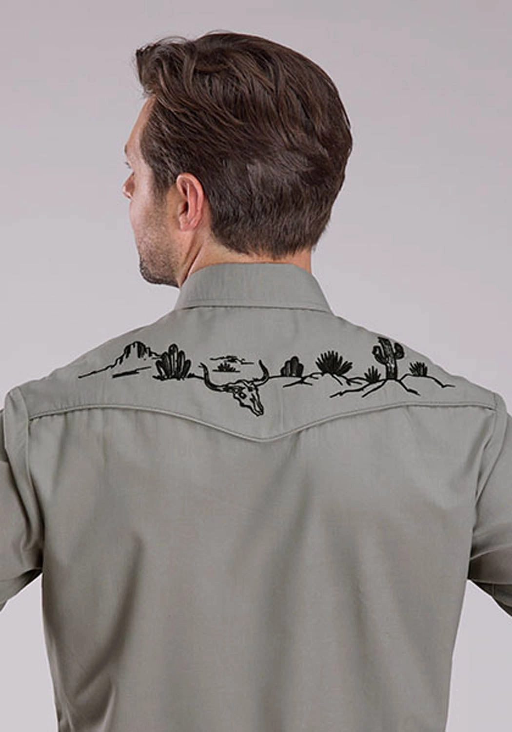 Luxurious Feel Roper Mens 2475 Longhorn Skull Scene Light Smokey Grey Cotton Blend L/S Shirt