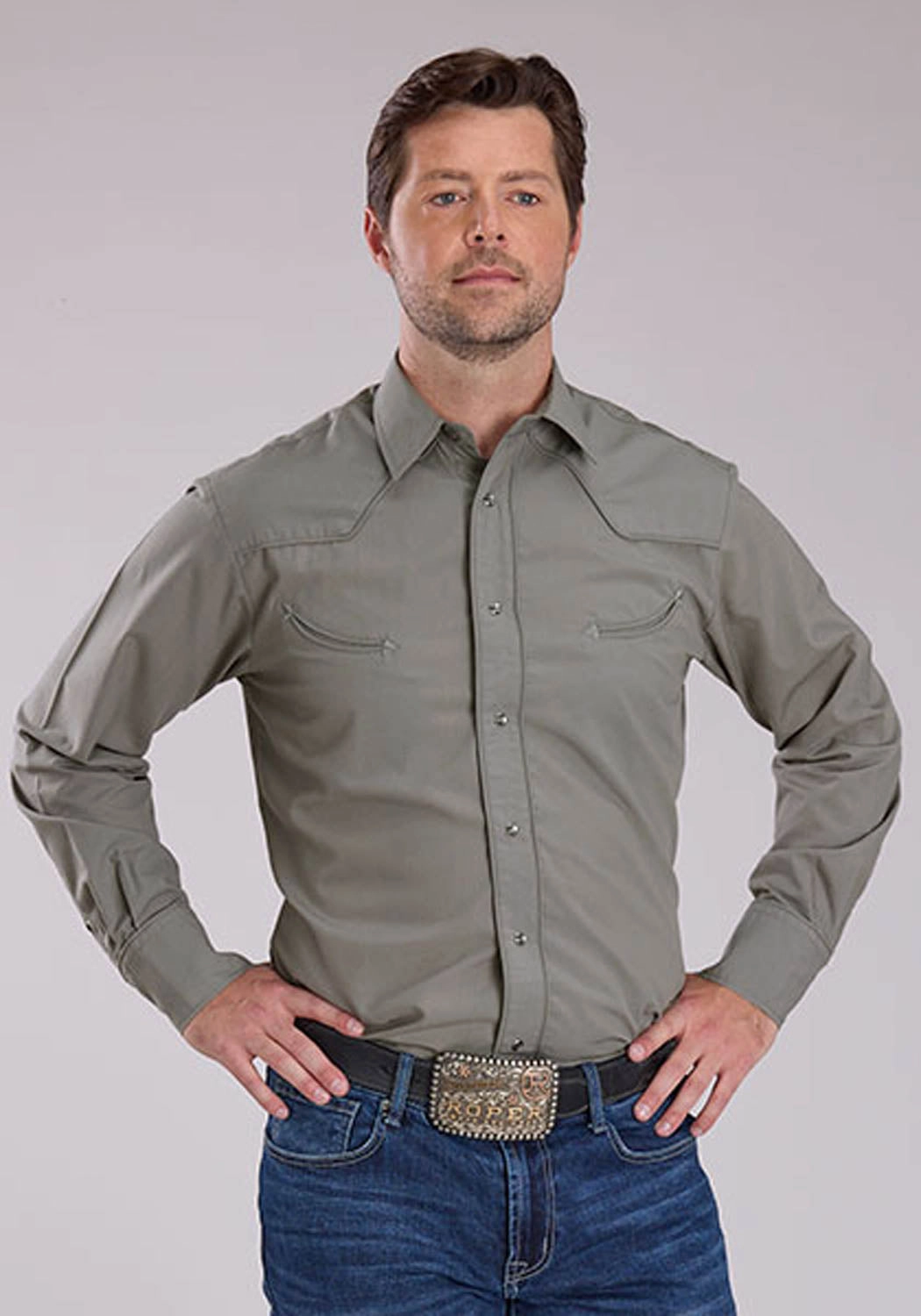 Ruffle Edge Roper Mens 2475 Longhorn Skull Scene Light Smokey Grey Cotton Blend L/S Shirt