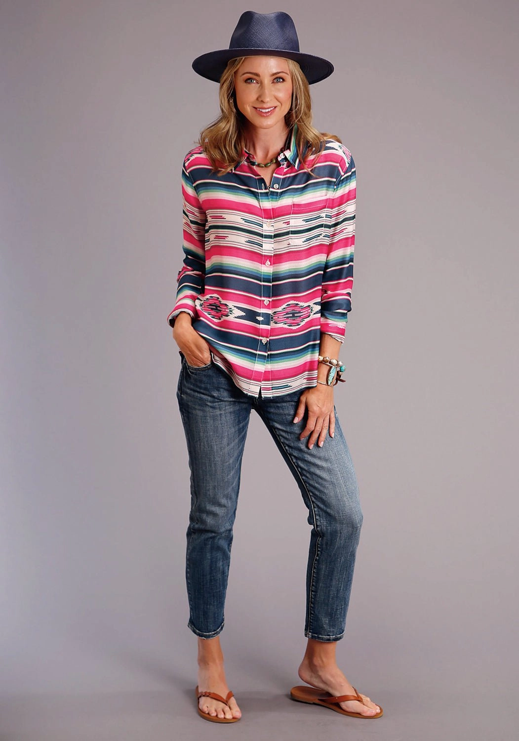 Stetson Womens Multi-Color Rayon/Nylon Serape Print BD L/S Shirt Party Look Sunny Vibes Couple Look