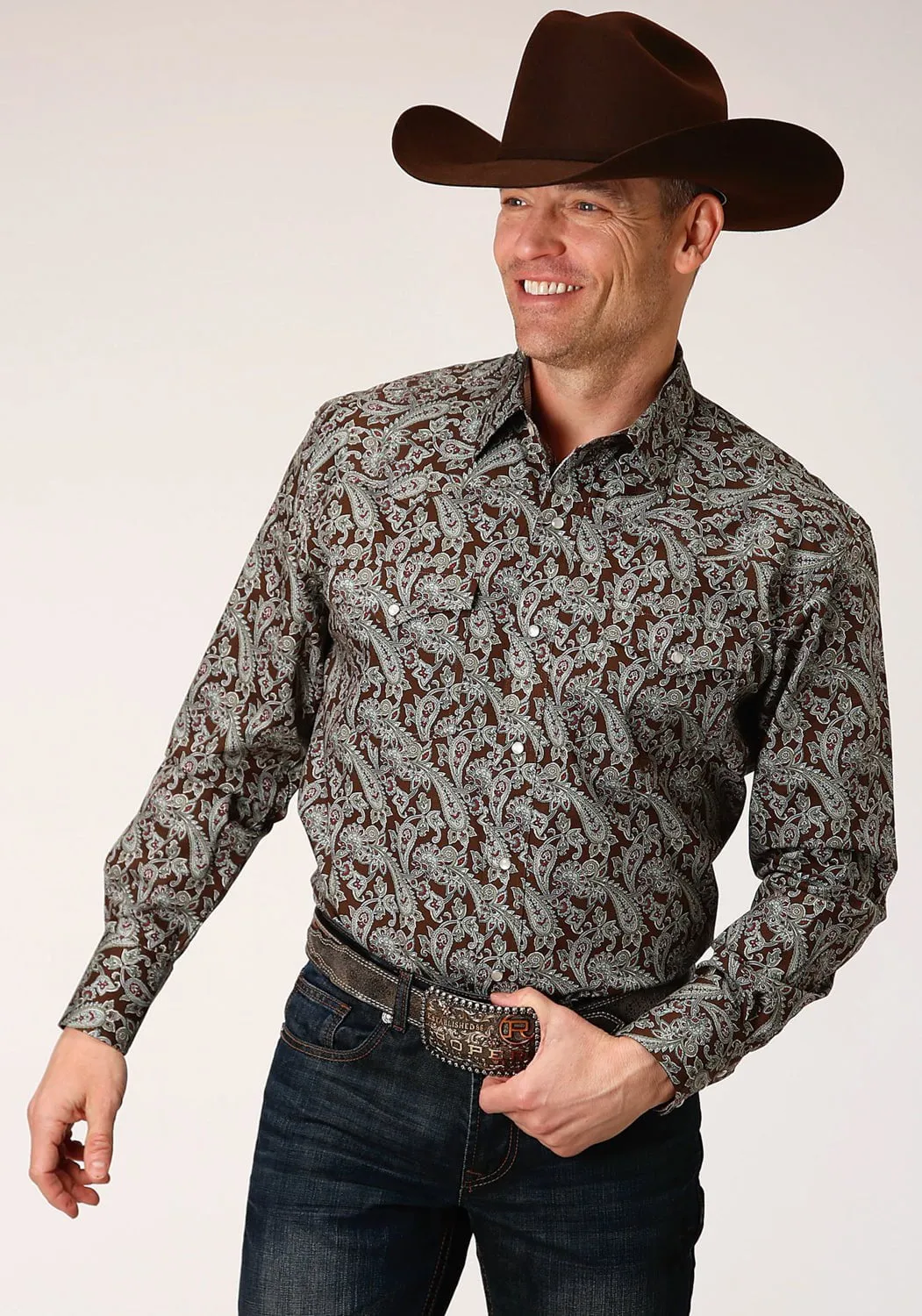 Roper Mens Green 100% Cotton Pine Paisley L/S Shirt Ribbed Trim Non Iron