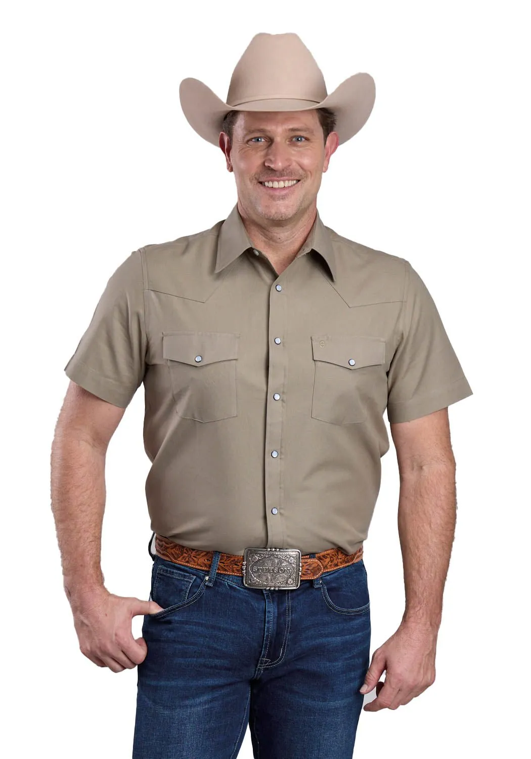 Affordable Luxury Geometric Shape Stetson Mens 2768 Soft Oxford Dusty Olive 100% Cotton S/S Shirt