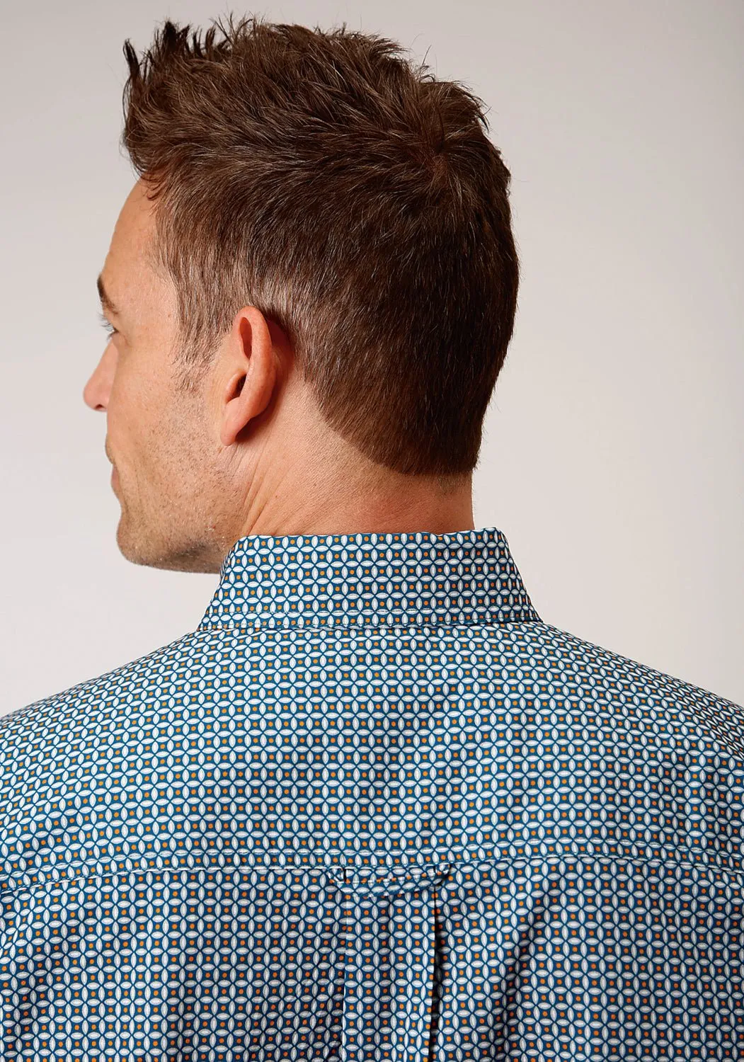 Soft Material Roper Mens Blue 100% Cotton Geo BD S/S 1 Pocket Shirt