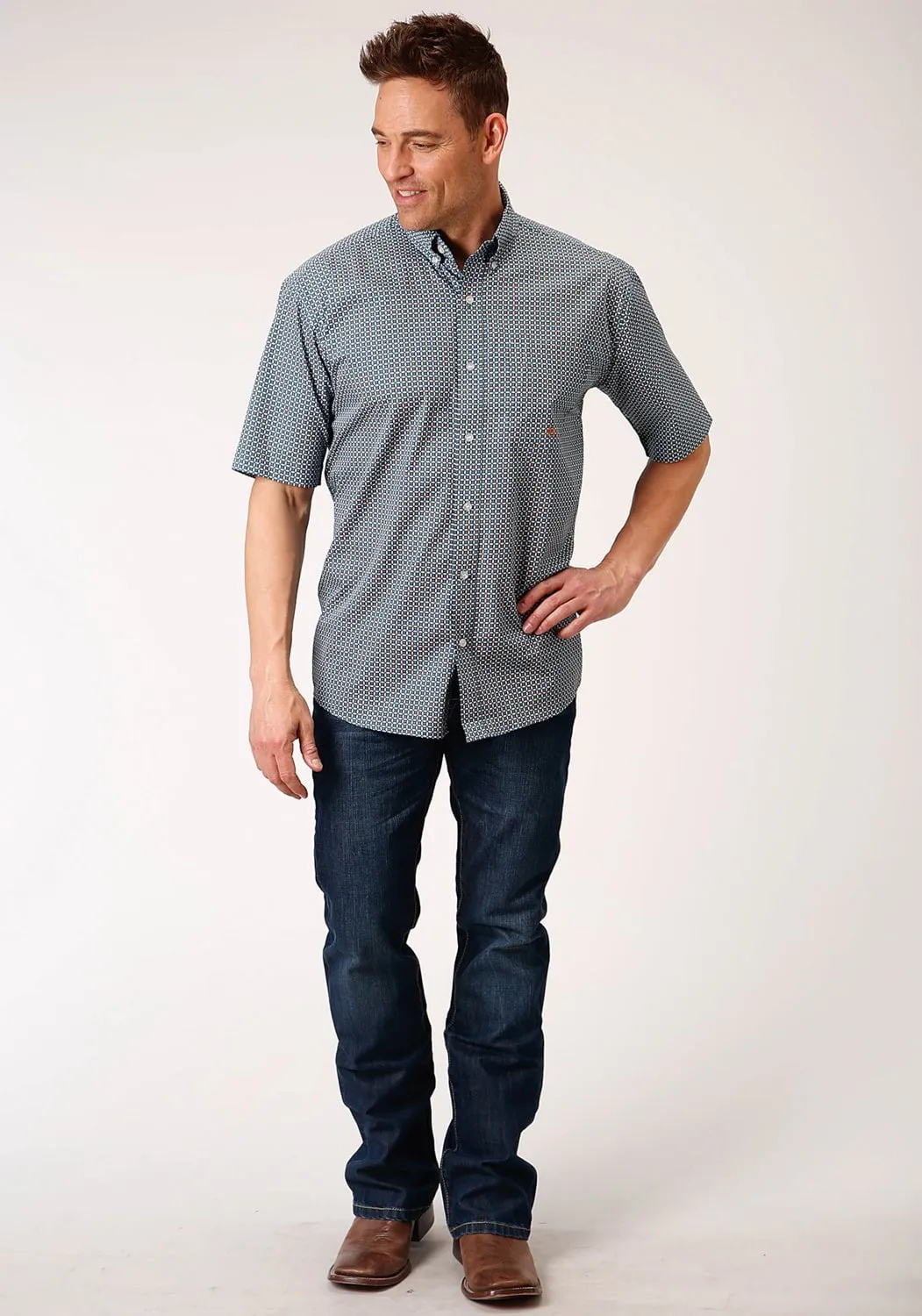 Team Building Roper Mens Blue 100% Cotton Geo BD S/S 1 Pocket Shirt