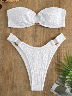 Ring-Linked Beachwear Women's Textured Bandeau Bra & Bikini Set