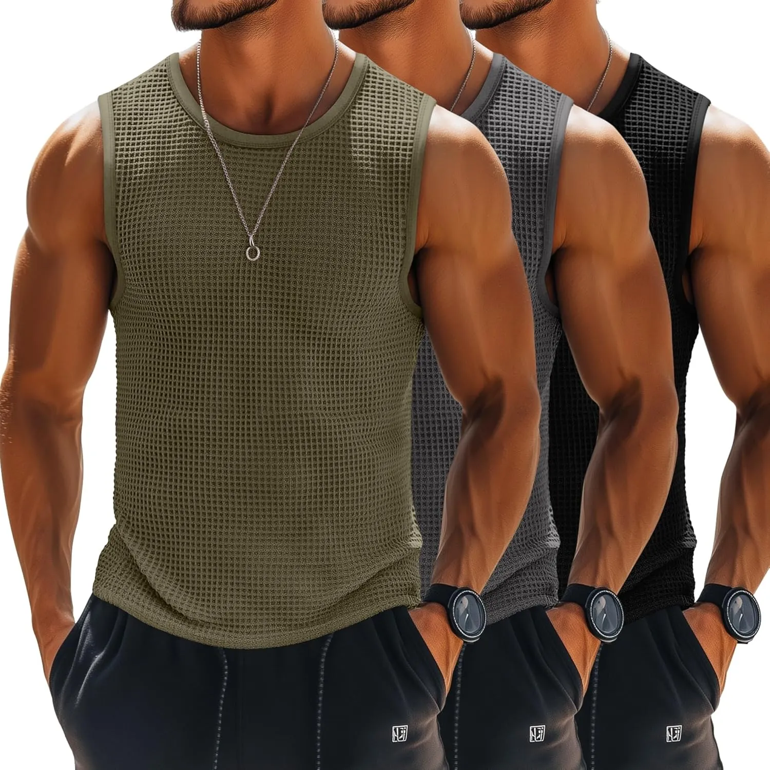 Riyiper 3 Pack Mens Big and Tall Tank Tops Waffle Knit Casual Sleeveless Shirts Plus Size Summer Muscle Tees